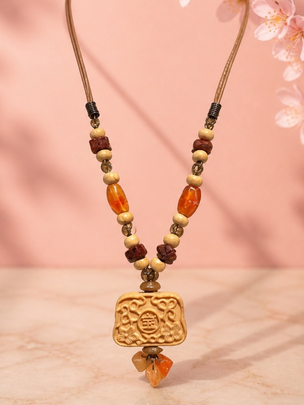 Vintage Chinese Pressed Incense Ruyi Lock Necklace